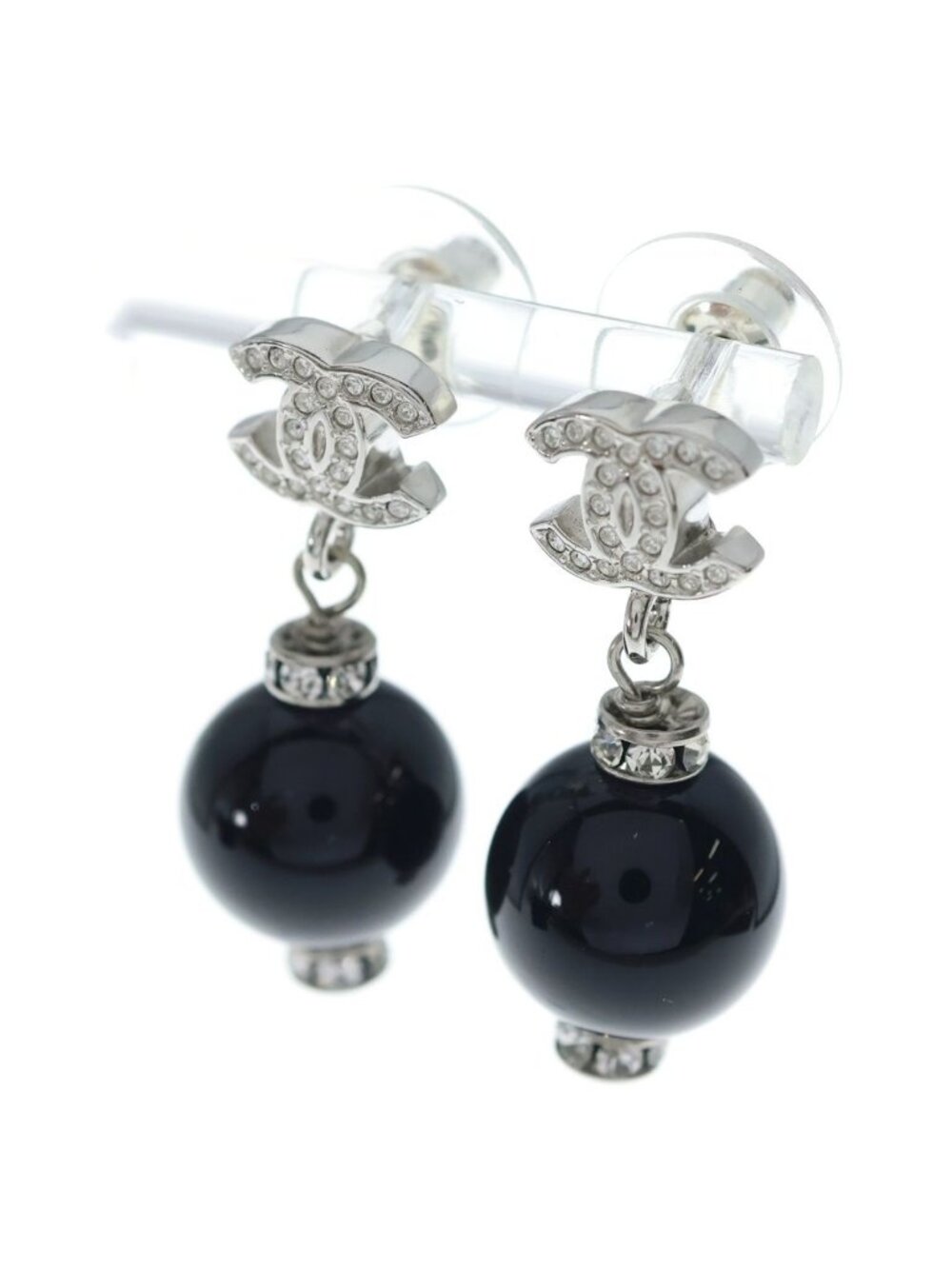 Chanel CC Logo Rhinestone Ball Earrings Silver Black